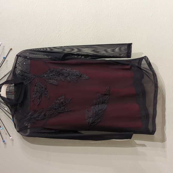 Sheer mesh shirt dress black red embroidered XL women's fairy core academia goth - Picture 1 of 10